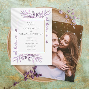 Purple Lavender Foliage Gold Photo Wedding Invitation
