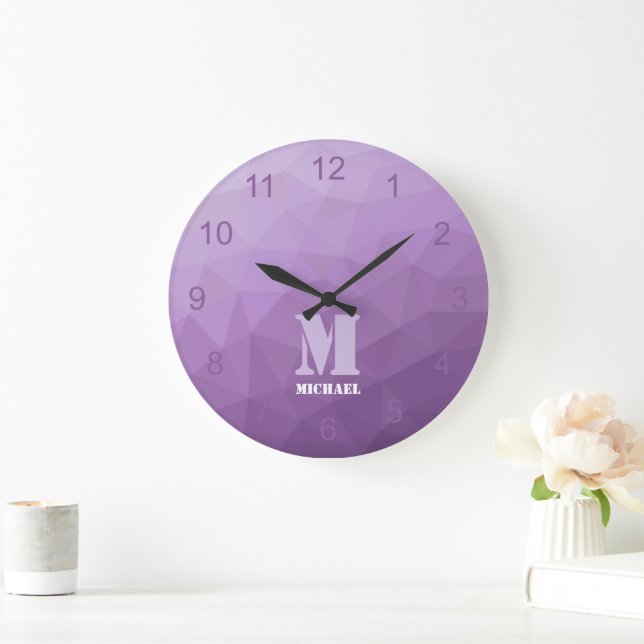 Purple lavender Geometry Mesh Pattern Monogram Large Clock (Home)
