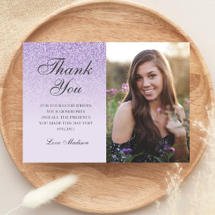 Purple lavender glitter  photo thank you Sweet 16 Card