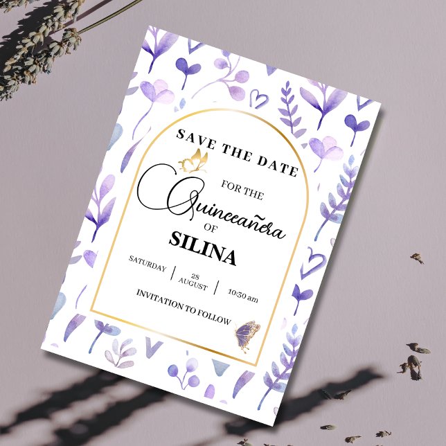 Purple Lavender Gold Arch Quinceañera Butterfly Save The Date (Creator Uploaded)