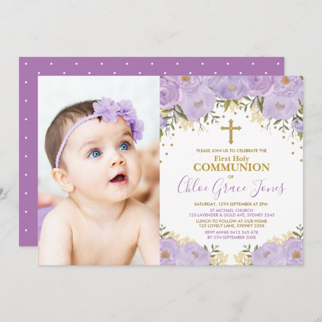 Purple Lavender Gold Floral First Holy Communion Invitation (Front/Back)