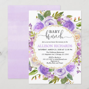 Purple lavender gold floral girl baby brunch invitation