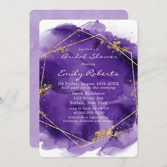 Purple Lavender Gold Paint Bridal Shower  Invitati Invitation (Front/Back)