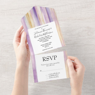 Purple Lavender Gold Stripes Wedding All In One Invitation