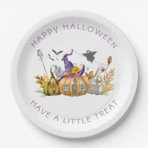 Purple Lavender Gold Witch's Hat Pumpkin House Paper Plate
