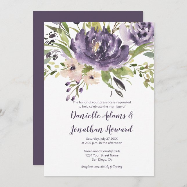 Purple Lavender Green Watercolor Peonies Wedding Invitation (Front/Back)