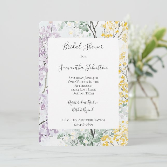 Purple Lavender Green Yellow Bridal Shower Invitation (Standing Front)