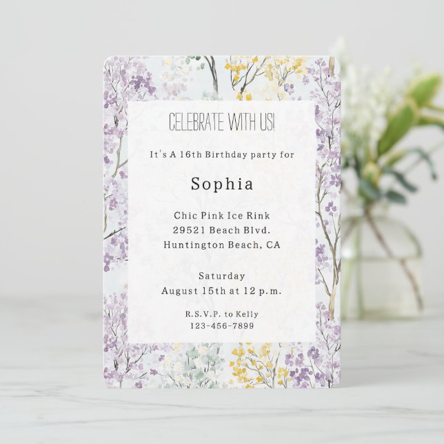 Purple Lavender Green Yellow Floral Birthday Invitation (Standing Front)