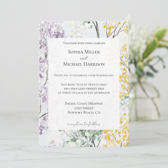 Purple Lavender Green Yellow Flower Wedding Invitation (Standing Front)