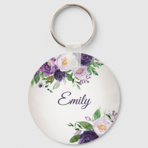 Purple Lavender Greenery Grey Key Ring