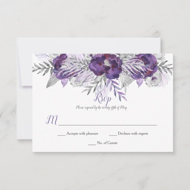 Purple Lavender Grey Watercolor Roses RSVP (Front)