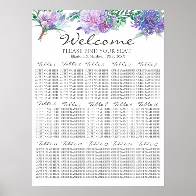 Purple Lavender Hydrangeas Wedding Seating Chart (Front)