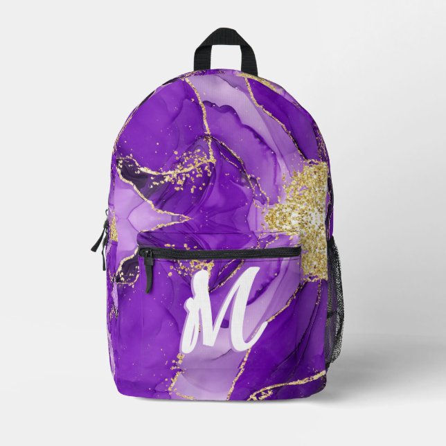 Purple Lavender Lilac Alcohol Ink Faux Gold Custom Printed Backpack (Front)