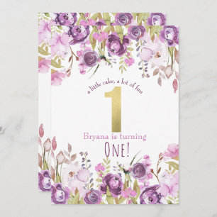 Purple Lavender Lilac Floral Modern 1st Birthday Invitation