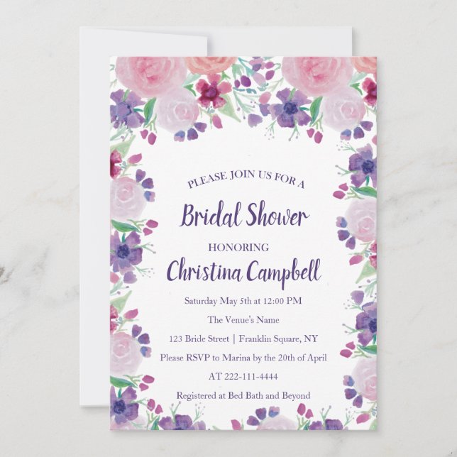 Purple Lavender Lilac Pink Floral Bridal Shower Invitation (Front)