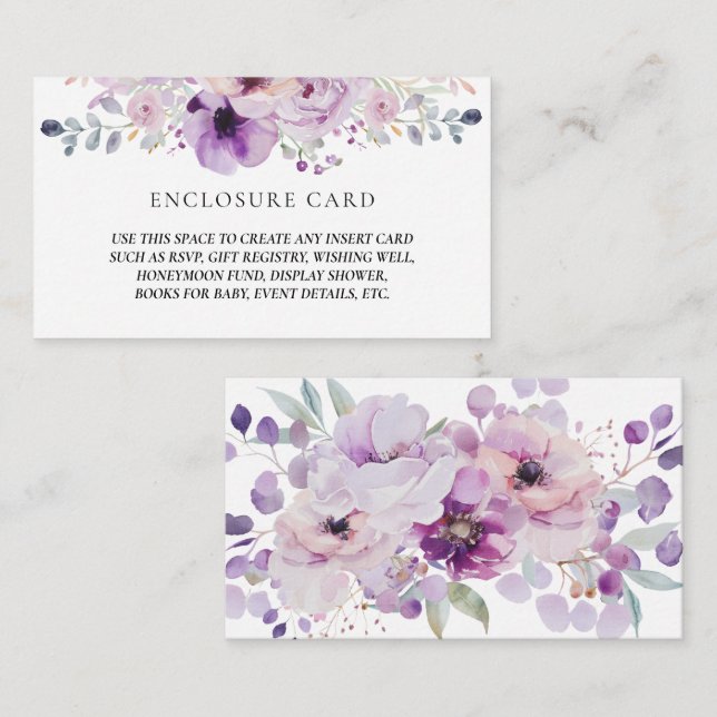 PURPLE LAVENDER LILAC WATERCOLOR FLORAL ENCLOSURE  (Front/Back)