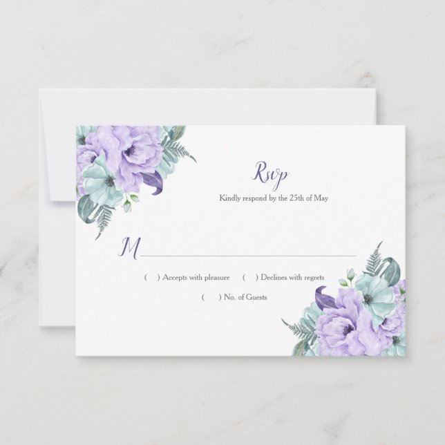 Purple Lavender Mint Watercolor Peonies RSVP Card (Front)