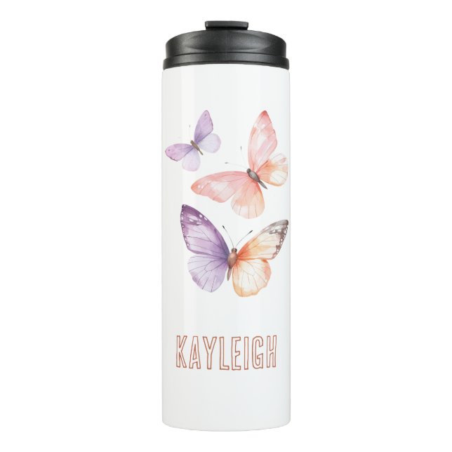 Purple Lavender Peach Butterflies Thermal Tumbler (Front)