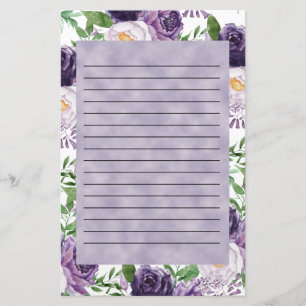 Purple Lavender Peonies Floral Lined Stationery