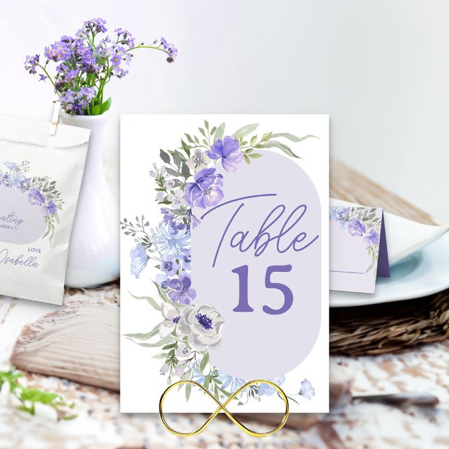 Purple Lavender Peri Floral Editable Table Number (Table Number set in modern oval framed with purple lavender blue flowers)