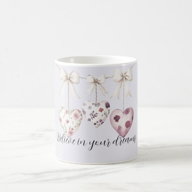Purple Lavender Pink Floral Hearts Cream Bows Coffee Mug (Center)