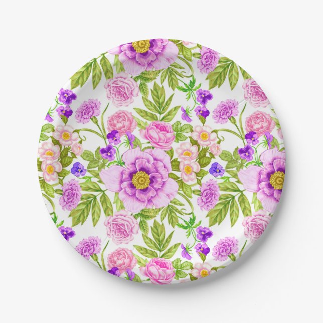 Purple Lavender Pink Flower Pattern Paper Plate (Front)