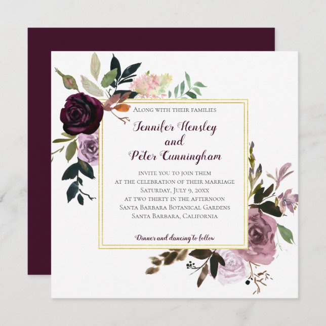 Purple Lavender Pink Gold Floral | Square Wedding Invitation (Front/Back)