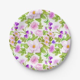 Purple Lavender Pink Roses Wildflowers Pattern Paper Plate