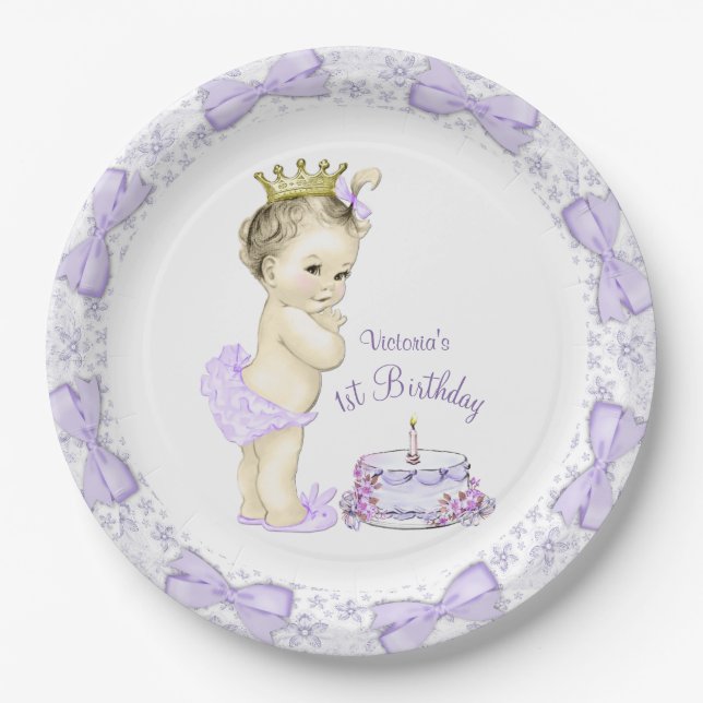 Purple Lavender Princess 1st Birthday Party Paper Plate (Front)