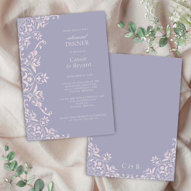 Purple Lavender Rehearsal Dinner Invitation (Elegant purple lavender wedding rehearsal dinner invitation with romantic vintage french lilac theme)