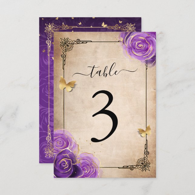 Purple Lavender Rose Gold Table Number Cards (Front/Back)