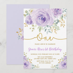 Purple Lavender Roses Girl 1st Birthday Party Invitation