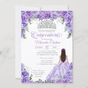 Purple Lavender Roses & Silver Tiara Quinceanera Invitation