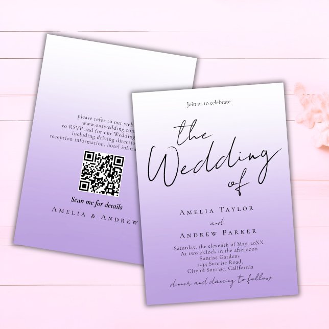 Purple Lavender Script Elegant QR Code Wedding Invitation (Creator Uploaded)