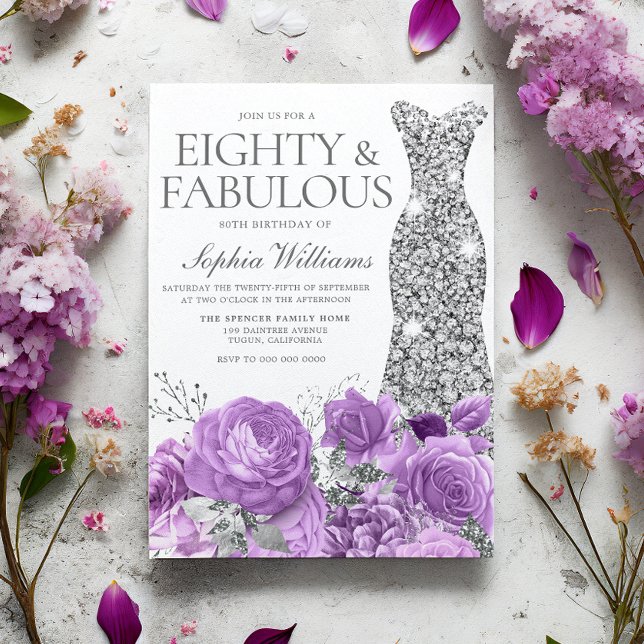 Purple Lavender & Silver 80th Birthday Party Invitation (Creator Uploaded)