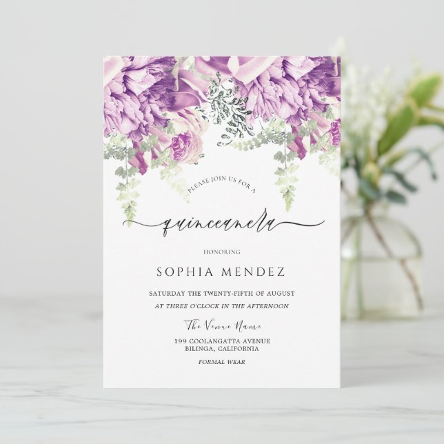 Purple Lavender & Silver Floral Quinceanera Party Invitation (Standing Front)