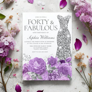 Purple Lavender & Silver Gown 40th Birthday Party Invitation