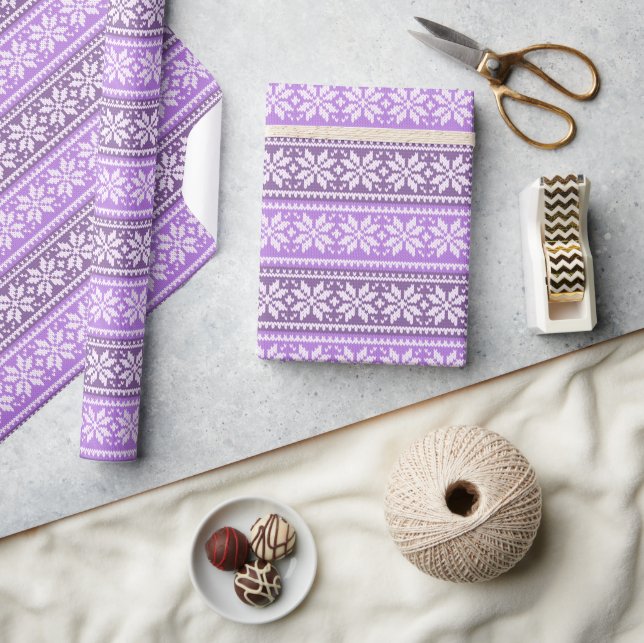 Purple Lavender Snowflake Knit Sweater Pattern Wrapping Paper (Crafts)