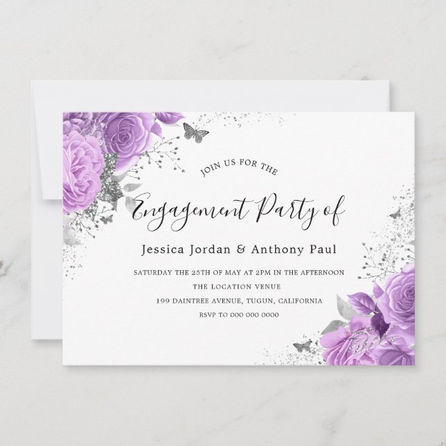 Purple Lavender Sparkle Flowers Engagement Party Invitation (Front)
