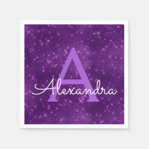 Purple Lavender Sparkle Monogram Initial Birthday Napkin