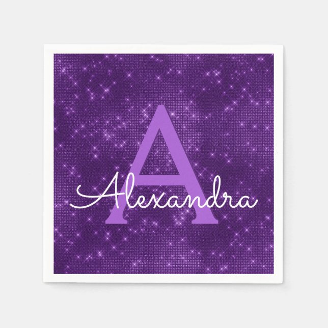 Purple Lavender Sparkle Monogram Initial Birthday Napkin (Front)