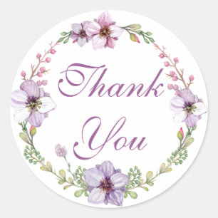 Purple Lavender Thank You Watercolor Floral Wreath Classic Round Sticker