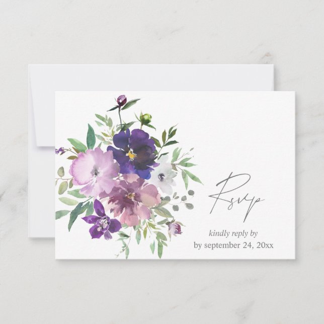 Purple Lavender & Violet  Floral with Meal RSVP Card (Front)