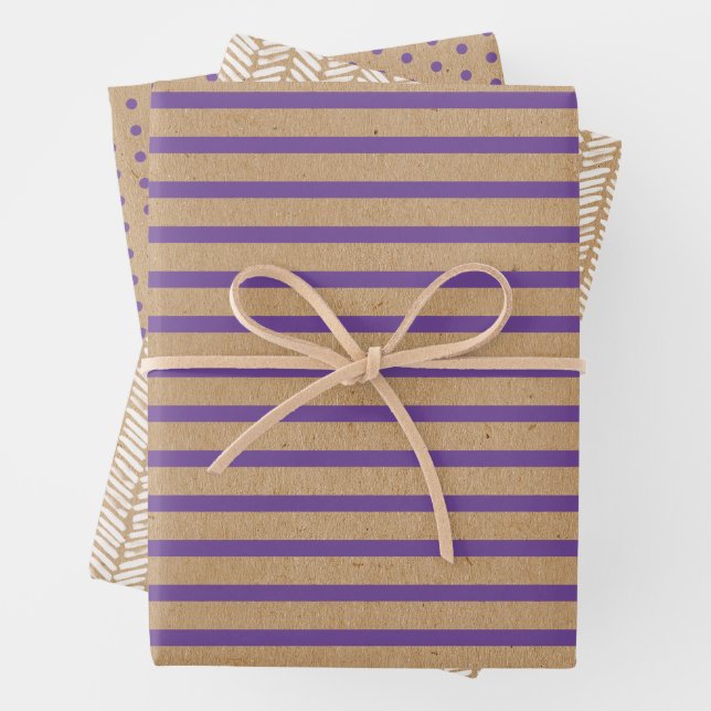 Purple Lavender Violet Lines Faux Rustic Kraft Wrapping Paper Sheet (In situ)
