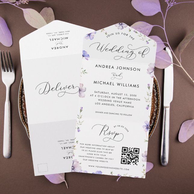 Purple Lavender Violet Wildflowers QR Code Wedding All In One Invitation (Creator Uploaded)