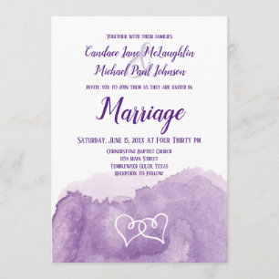 Purple Lavender Watercolor Double Hearts Wedding Invitation