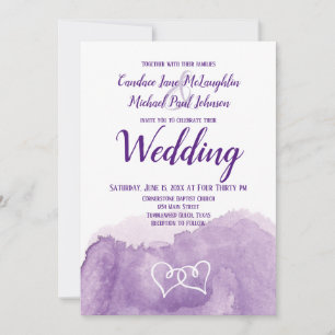 Purple Lavender Watercolor Double Hearts Wedding Invitation