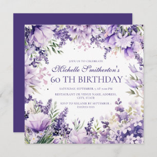 Purple Lavender Watercolor Floral 60th Birthday Invitation