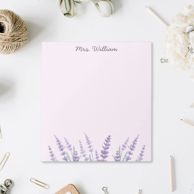 Purple Lavender Watercolor Floral Notepad (In situ On desk)
