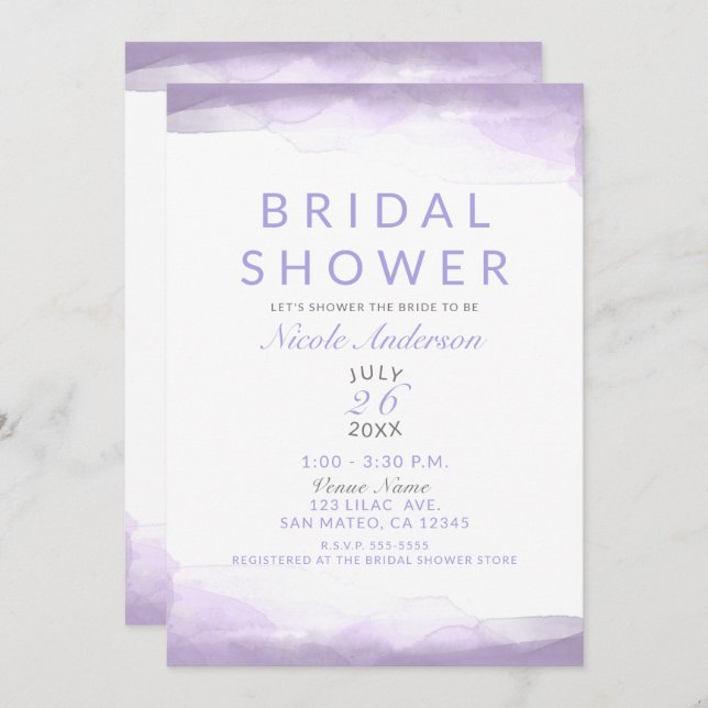 Purple Lavender Watercolor Modern Bridal Shower Invitation (Front/Back)